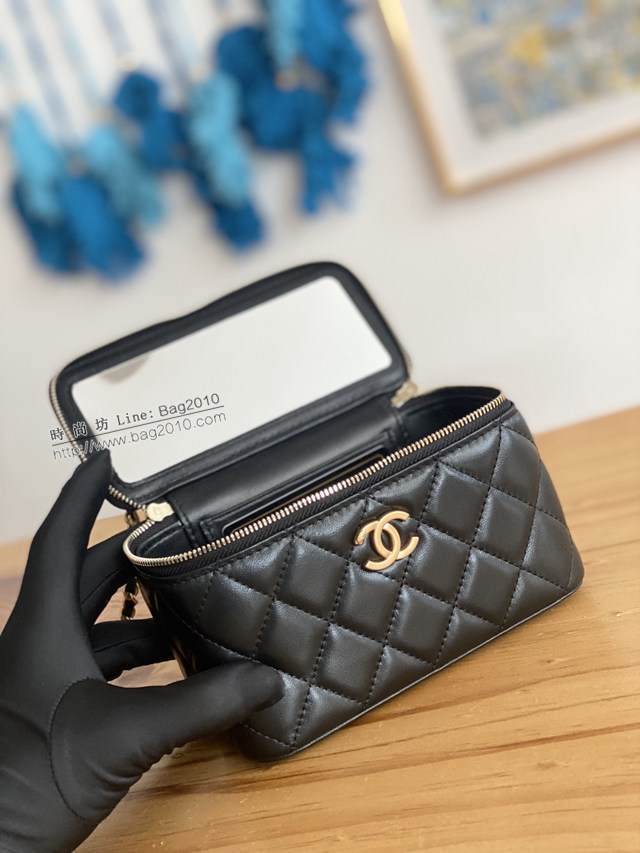 Chanel專櫃2022p新款黑金荔枝皮盒子手提化妝包 款號81230 香奈兒羊皮手挽穿皮盒子包 djc4995